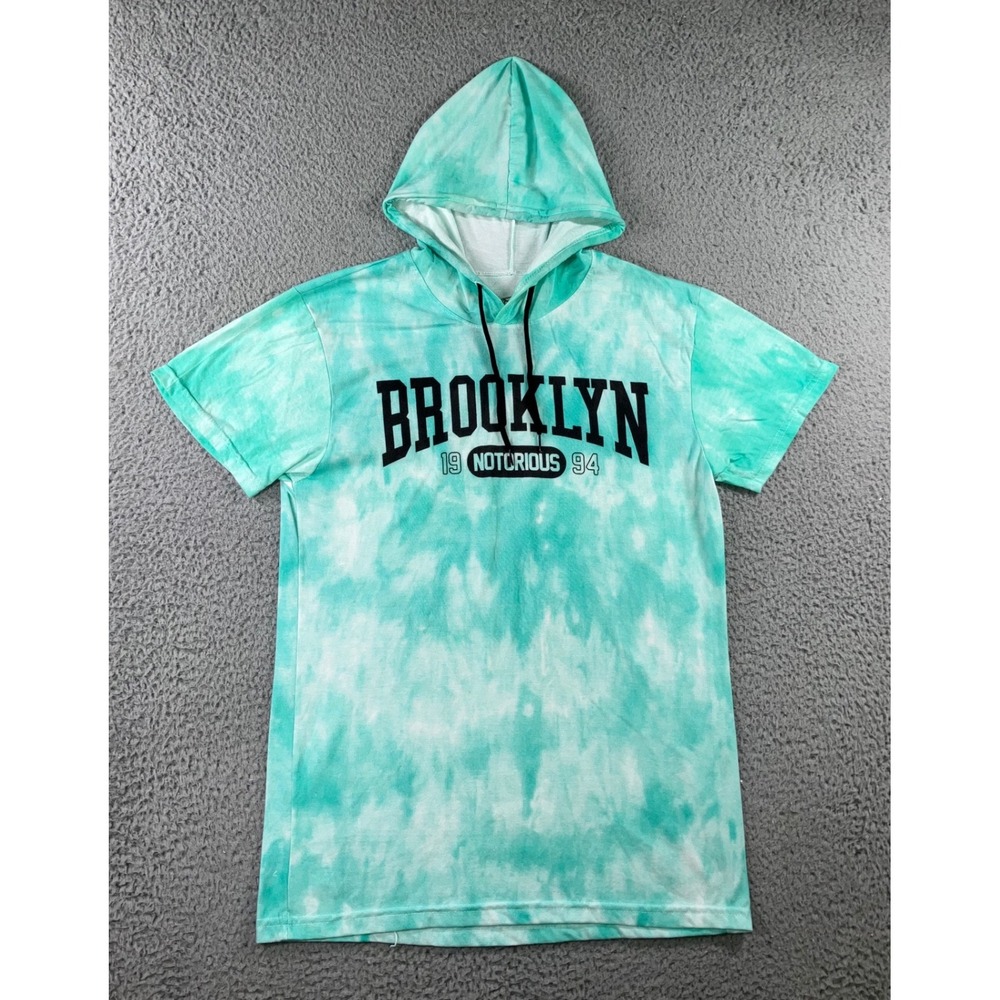 Short Sleeve Hoodie Mens M Mint Green Tie‎ Dye Brooklyn Graphic Retro 90s Street